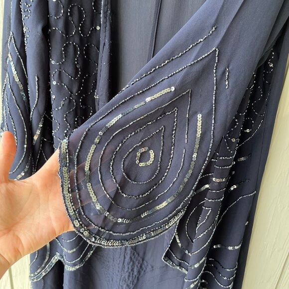 VTG Beaded Roaman’s Navy Duster Jacket Sheer Evening Kimono 43” - Picture 2 of 10
